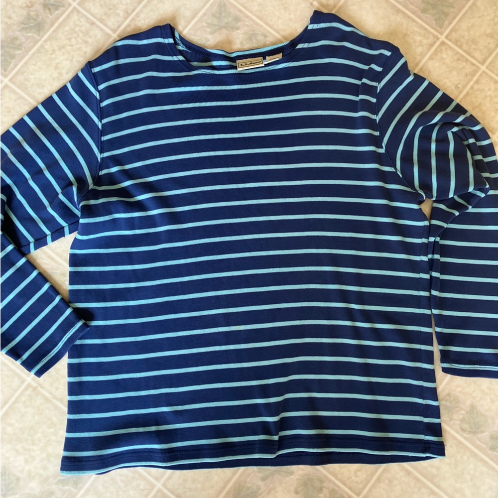 LL Bean blue Striped Ribbed‎ Boat Neck long sleeved Tee